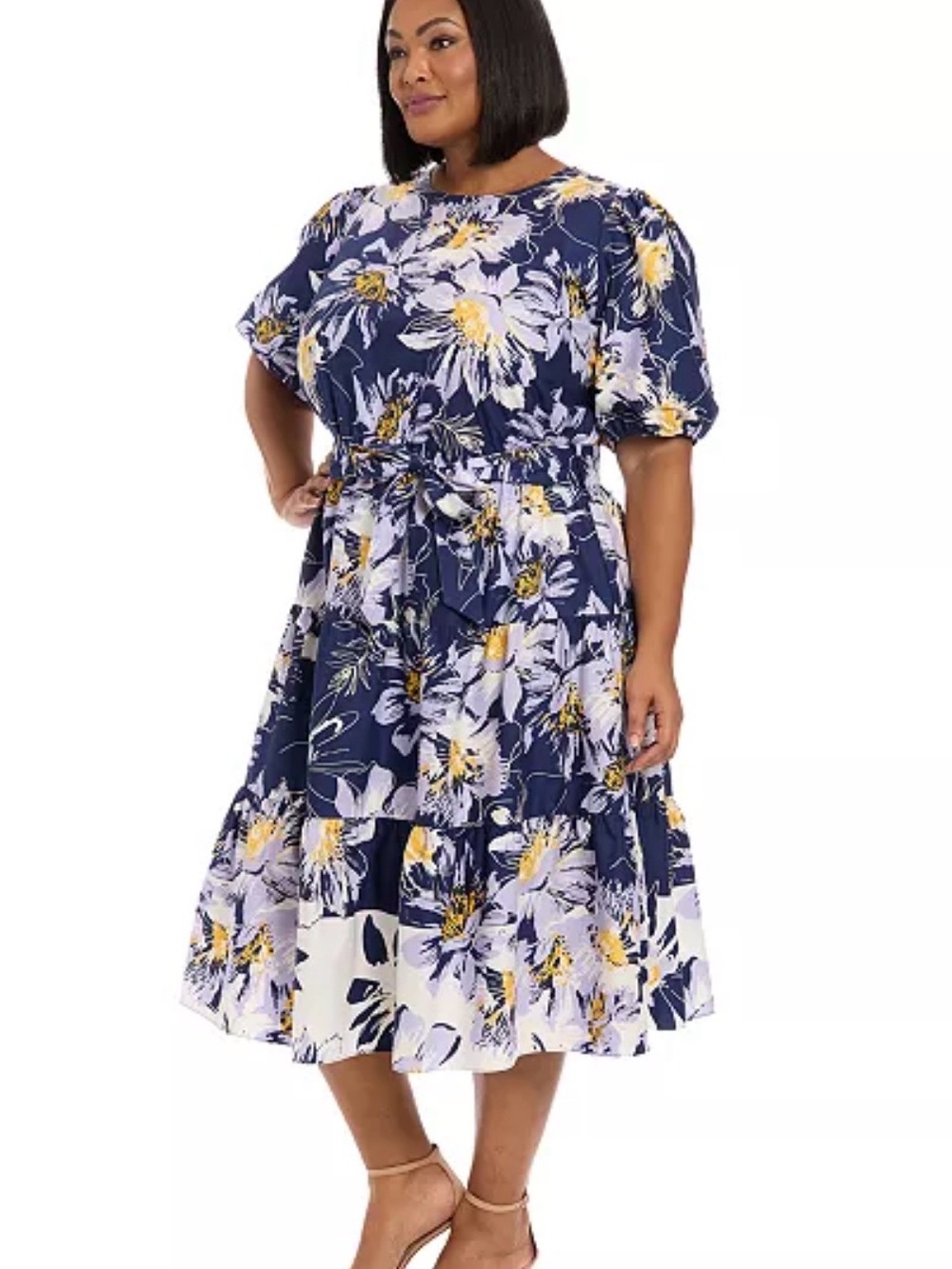 London Times Navy Floral Tie-Waist Midi Dress